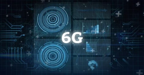 Animation of 6g text, graphs, loading circles and circuit board pattern over Stock Footage 329033605