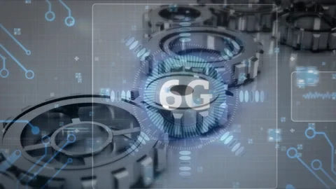 Animation of 6g text, interface and motherboard moving over turning chrome cogs Stock Footage 152012009