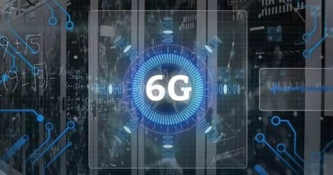 Animation of 6g text, microprocessor connections and mathematical equations Vídeo Stock 328250864