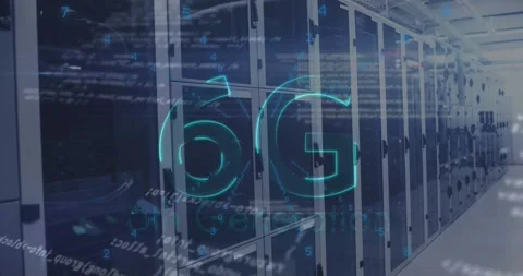 Animation of 6g text, numbers, programming language over server room Stock Footage 329222975
