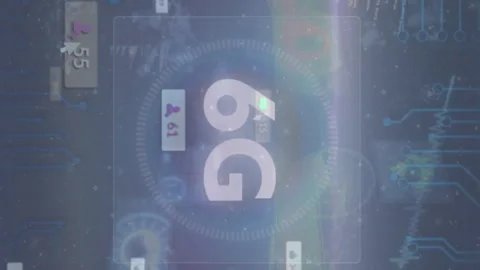 Animation of 6g text, online digital icons on banners over cityscape Stock-Footage 312642941