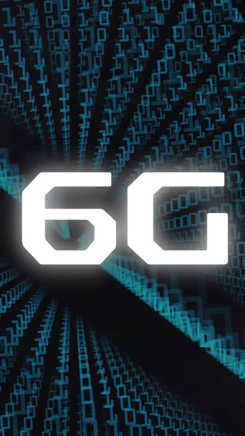 Animation of 6g text over binary coding Video stock 342806401