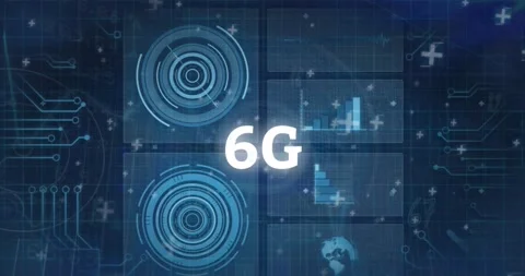 Animation of 6g text over data processing, round scanners and microprocessor Vídeo Stock 329125480