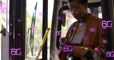 Animation of 6g text over happy diverse women getting off bus Stock Footage 263912089