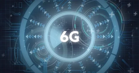 Animation of 6g text over round scanner spinning and microprocessor connections Stock Footage 233301712
