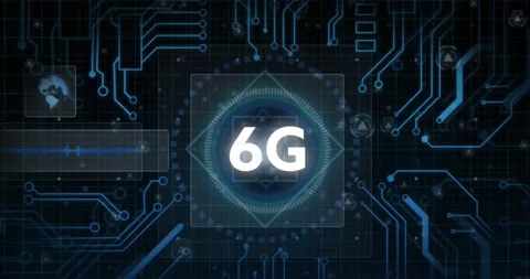 Animation of 6g text over round scanner, microprocessor connections and data Video stock 241068806