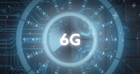 Animation of 6g text over round scanner and microprocessor connections against Video stock 244738323