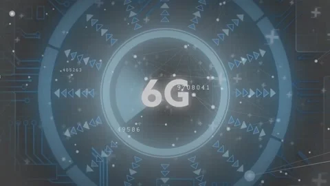 Animation of 6g text over round scanner, microprocessor connections and network Stock Footage 244792772