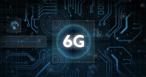 Animation of 6g text over round scanner, microprocessor connections and data Stockbeeldmateriaal 328712523