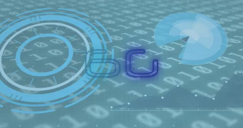 Animation of 6g text over scopes scanning and binary coding in background Stock Footage 153095705