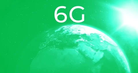 Animation of 6g text over spinning globe and green sun seen from space Stock Footage 325484681