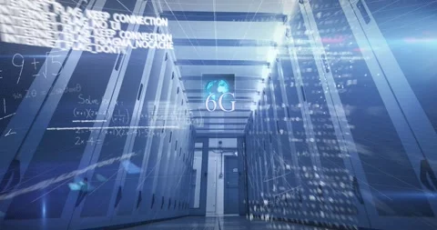 Animation of 6g text, processing data and maths calculations over computer Stock Footage 203891643