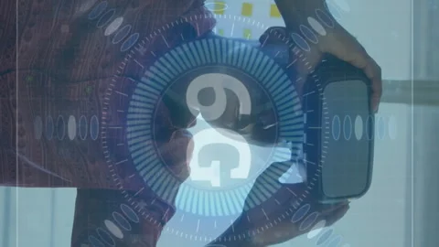 Animation of 6g text, scope scanning and circuit board elements over man wearing Video stock 312299858