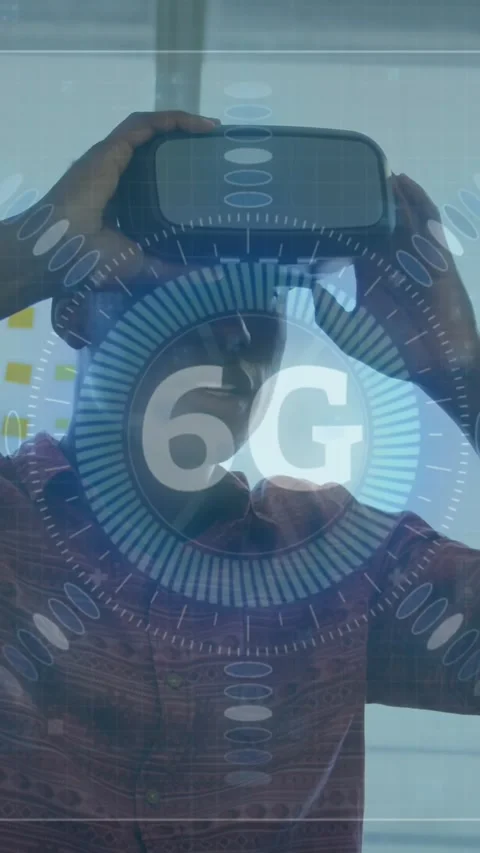Animation of 6g text, scope scanning and circuit board elements over man wearing Vídeos de archivo 331649934