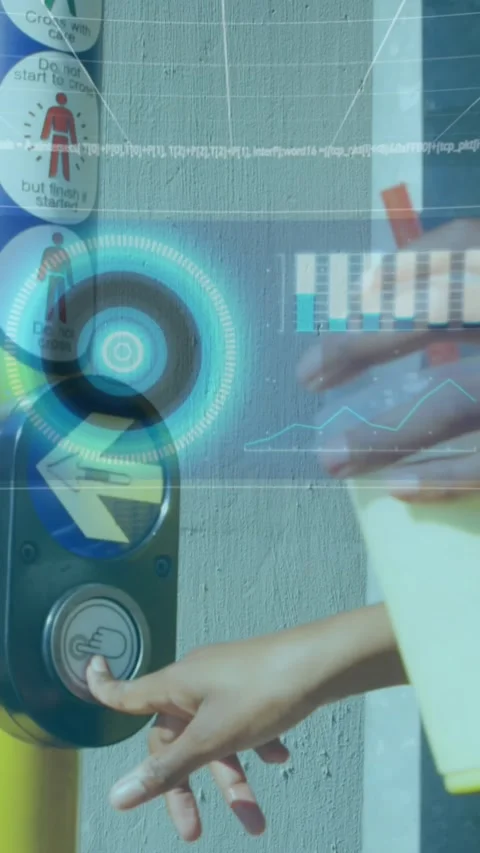 Animation of 6g text, scope scanning and data processing over woman pressing Stock Footage 331653082