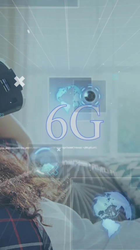 Animation of 6g text, scopes scanning and data processing over woman wearing vr Stock Footage 331649918