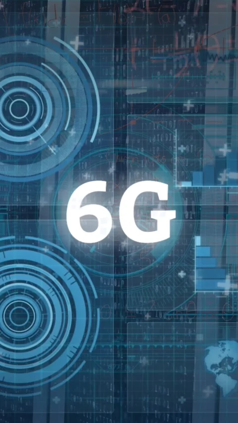 Animation of 6g text, scopes scanning and data processing over computer servers Stock Footage 344243501