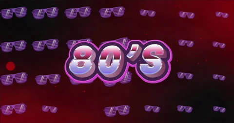 Animation of 80s text over sunglasses pattern on dark background 库存影片 310530399