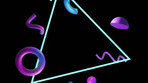 Animation of abstract 3d shapes over rotating triangle and black background Stock Footage 312409934
