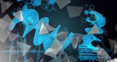 Animation of abstract blue waveforms with geometric shapes and digital data Stock Footage 327446375