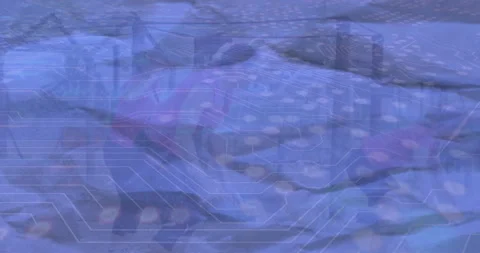 Animation of abstract circuitry pattern overlaying urban landscape with blue Stock Footage 305288443