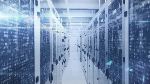 Animation of abstract circular shape over mosaic squares against computer server Stock Footage 327714229