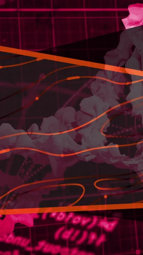 Animation of abstract geometric shapes and lines on digital grid with pink hues Stock Footage 344370301
