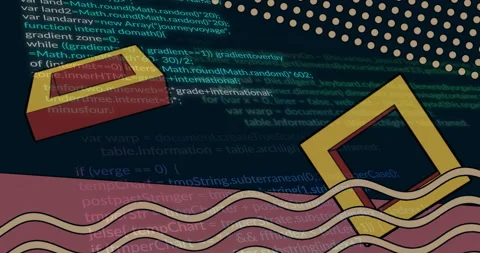 Animation with abstract geometric shapes over colorful digital coding patterns Stock Footage 304761445