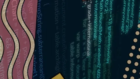 Animation with abstract geometric shapes over colorful digital coding patterns Stock Footage 313412690