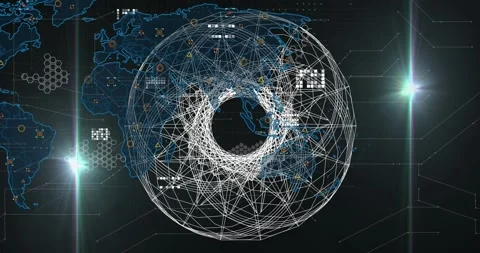 Animation of abstract geometrical shape and data processing over world map on Stock Footage 328412776