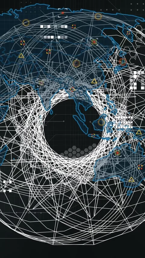 Animation of abstract geometrical shape and data processing over world map on 動画素材 343682480