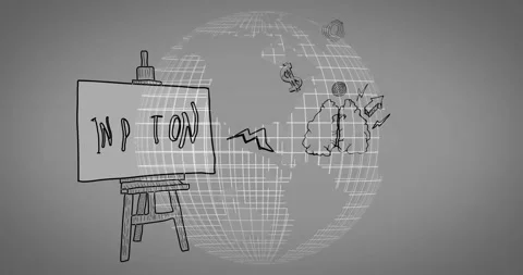 Animation of abstract globe and creative doodles on easel in school setting Stockbeeldmateriaal 305292799