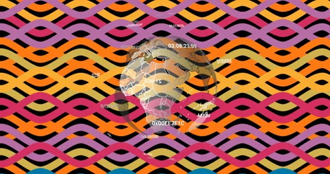 Animation of abstract globe with data points over colorful wavy pattern Stock Footage 304074995