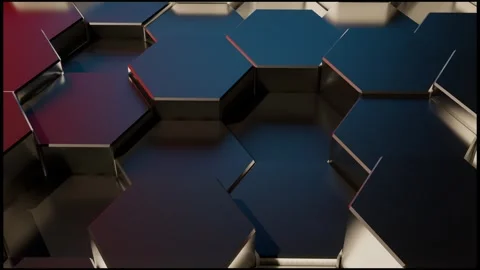 Animation Of Abstract Hexagons. Metal Reflective Surface In Warm Cold Lighting Video stock 296877539