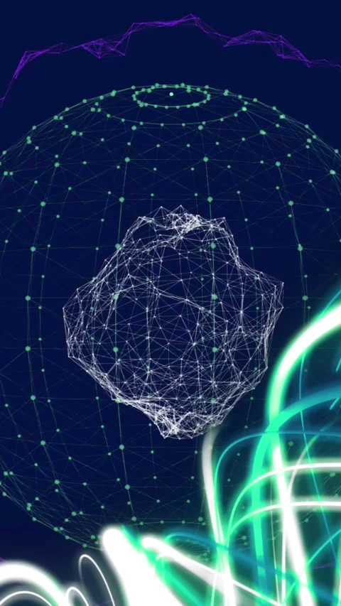 Animation of abstract illuminated pattern and connected dots forming globe over Stock Footage 344723289