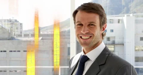 Animation of abstract pattern and changing numbers, smiling caucasian man Stock Footage 329924419