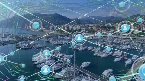 Animation of abstract pattern and connected icons over aerial view of boats Stock Footage 328363245