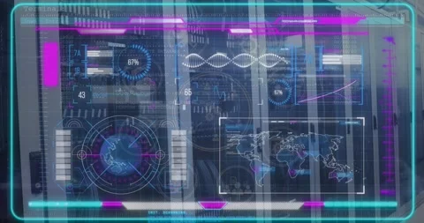 Animation of abstract pattern and infographic interface against server room in Stock Footage 329109060