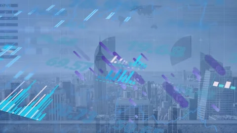 Animation of abstract pattern and multiple graphs over aerial view of modern Stock Footage 330728879