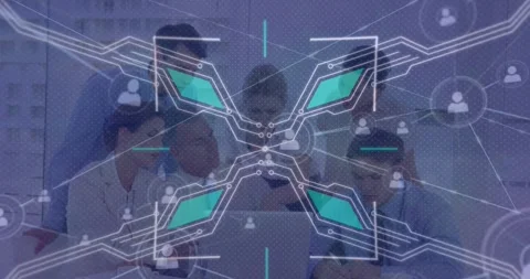 Animation of abstract pattern and profile icons over multiracial coworkers Stock Footage 330343982