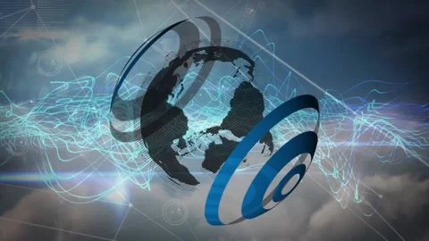Animation of abstract pattern around globe over connected dots, graph icons and Stock Footage 221878335