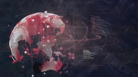 Animation of abstract pattern around globe, lens flare, computer language over Stock Footage 326628863