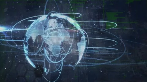 Animation of abstract pattern around globe, programming language, lens flare on Stock Footage 330413388
