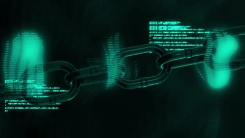 Animation of abstract pattern, blockchain and programming language against black Stock Footage 221007727