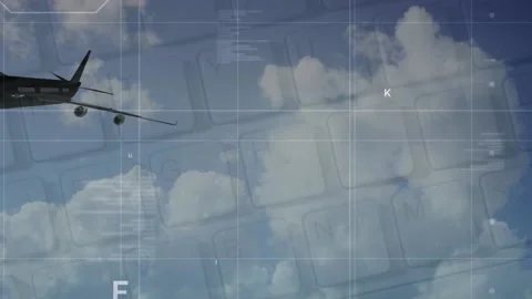 Animation of abstract pattern, computer language, keyboard over flying plane Stock Footage 222832904