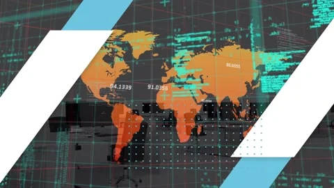 Animation of abstract pattern, computer language over map against empty meeting Stock Footage 229208523