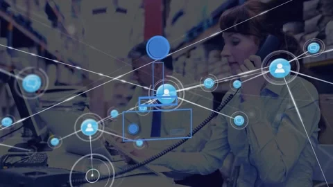 Animation of abstract pattern, connected icon, caucasian businesswoman talking 動画素材 327277222