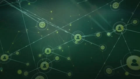 Animation of abstract pattern, data over application icons connected with line Stock Footage 216829389