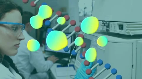 Animation of abstract pattern with dna helix over female caucasian researcher Stock Footage 326102797