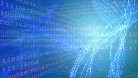 Animation of abstract pattern, lens flare and looping binary codes against blue Stock Footage 327784377